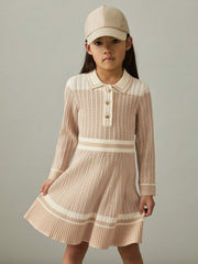 Reiss | 13-14 yrs Rib-Knit Pointelle Flared Dress in Pale Pink