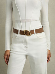 Reiss | Leather Curved-Edge Buckle Belt in Taupe