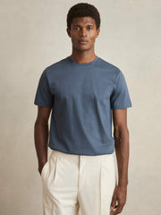 Reiss | Mercerised-Cotton Ribbed T-Shirt in Airforce Blue