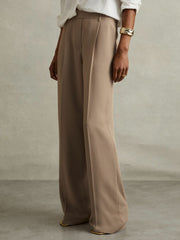 Reiss | Petite Elasticated-Waist Wide-Leg Twill Trousers in Mink Neutral