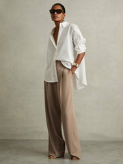 Reiss | Petite Elasticated-Waist Wide-Leg Twill Trousers in Mink Neutral
