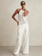 Reiss | Linen Wide-Leg Whipstitch Trousers in White