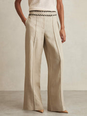 Reiss | Linen Wide-Leg Whipstitch Trousers in Neutral
