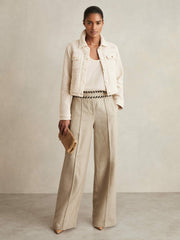 Reiss | Petite Linen Wide-Leg Whipstitch Trousers in Neutral
