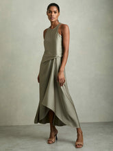 Reiss | Satin Drape Tuck Midi Dress in Khaki