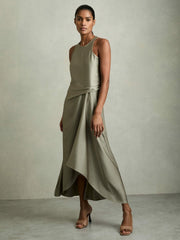 Reiss | Satin Drape Tuck Midi Dress in Khaki