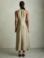 Reiss | Satin Drape Tuck Midi Dress in Khaki