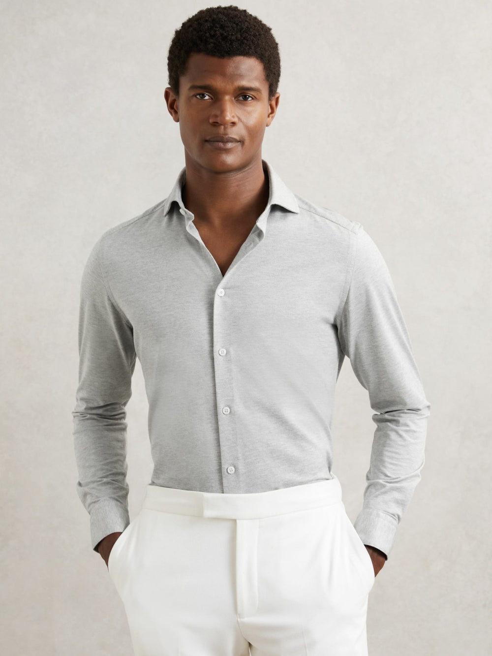 Reiss | Cotton-Blend Jersey Cutaway-Collar Shirt in Grey Melange