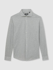 Reiss | Cotton-Blend Jersey Cutaway-Collar Shirt in Grey Melange