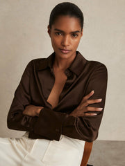 Reiss | Silk Double-Cuff Button-Through Shirt in Chocolate