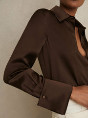 Reiss | Silk Double-Cuff Button-Through Shirt in Chocolate