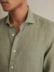 Reiss | Linen Button-Through Shirt in Thyme Green