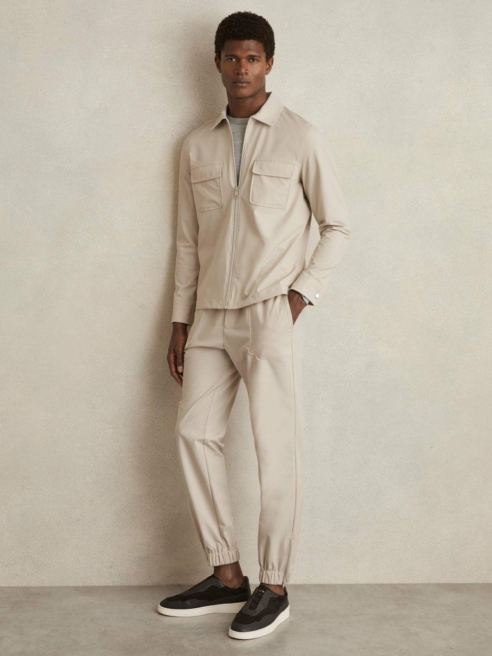 Reiss | Drawstring Technical Cuffed Trousers in Stone