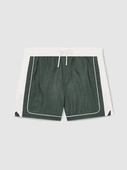 Reiss | Colour-Block Piped-Trim Swim Shorts in Dark Green/White