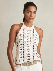 Reiss | Cotton Crochet Halterneck Vest Top in White