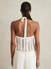 Reiss | Cotton Crochet Halterneck Vest Top in White