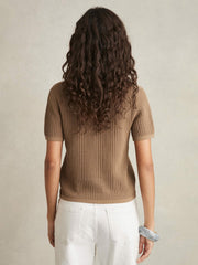 Reiss | Cotton-Blend Open-Knit Polo Shirt in Tan