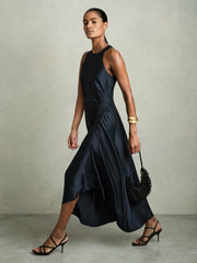 Reiss | Satin Shirred Midi Dress in Navy