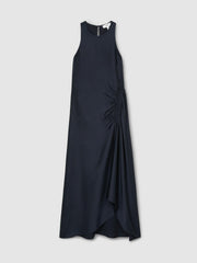 Reiss | Satin Shirred Midi Dress in Navy