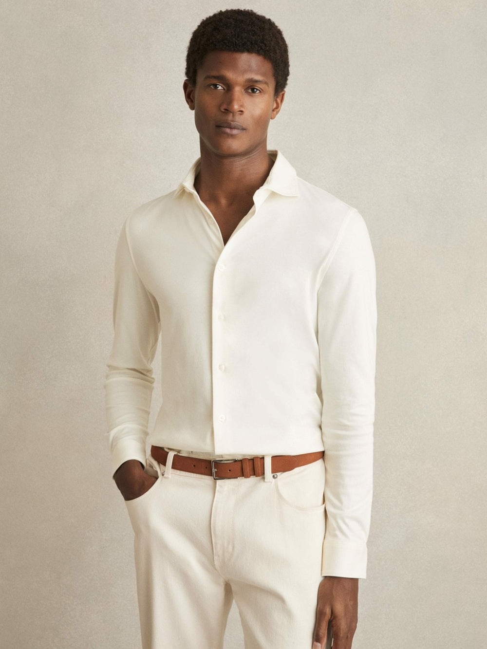 Reiss | Cotton-Jersey Button-Through Shirt in Ecru