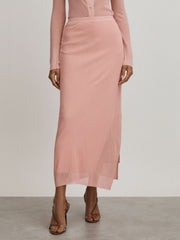 Reiss | Carrie Pink Anna Quan Sheer Ribbed Knitted Midi Skirt