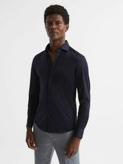 Reiss | Cotton-Blend Jersey Cutaway-Collar Shirt in Navy