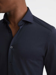 Reiss | Cotton-Blend Jersey Cutaway-Collar Shirt in Navy