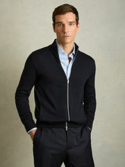 Reiss | Merino Wool Zip-Through Cardigan in Navy