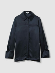 Reiss | Silk Double-Cuff Button-Through Shirt in Navy