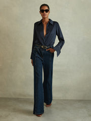 Reiss | Silk Double-Cuff Button-Through Shirt in Navy