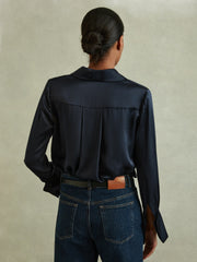 Reiss | Silk Double-Cuff Button-Through Shirt in Navy