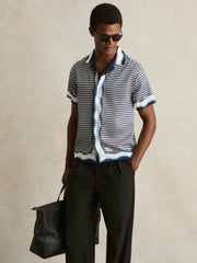 Reiss | Geometric-Print Cuban-Collar Shirt in White/Navy