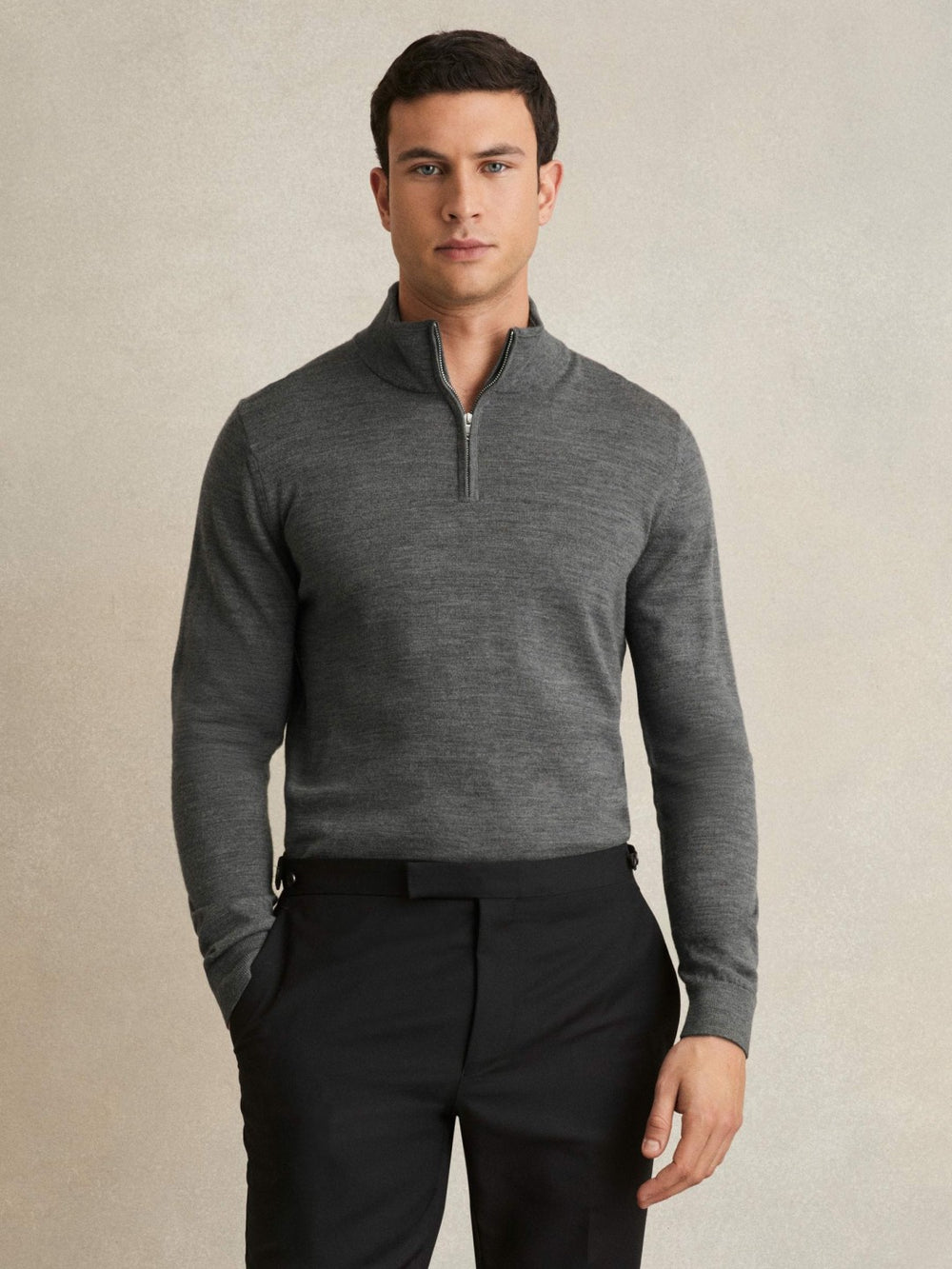 Reiss | Merino Wool Half-Zip Jumper in Derby Grey Marl