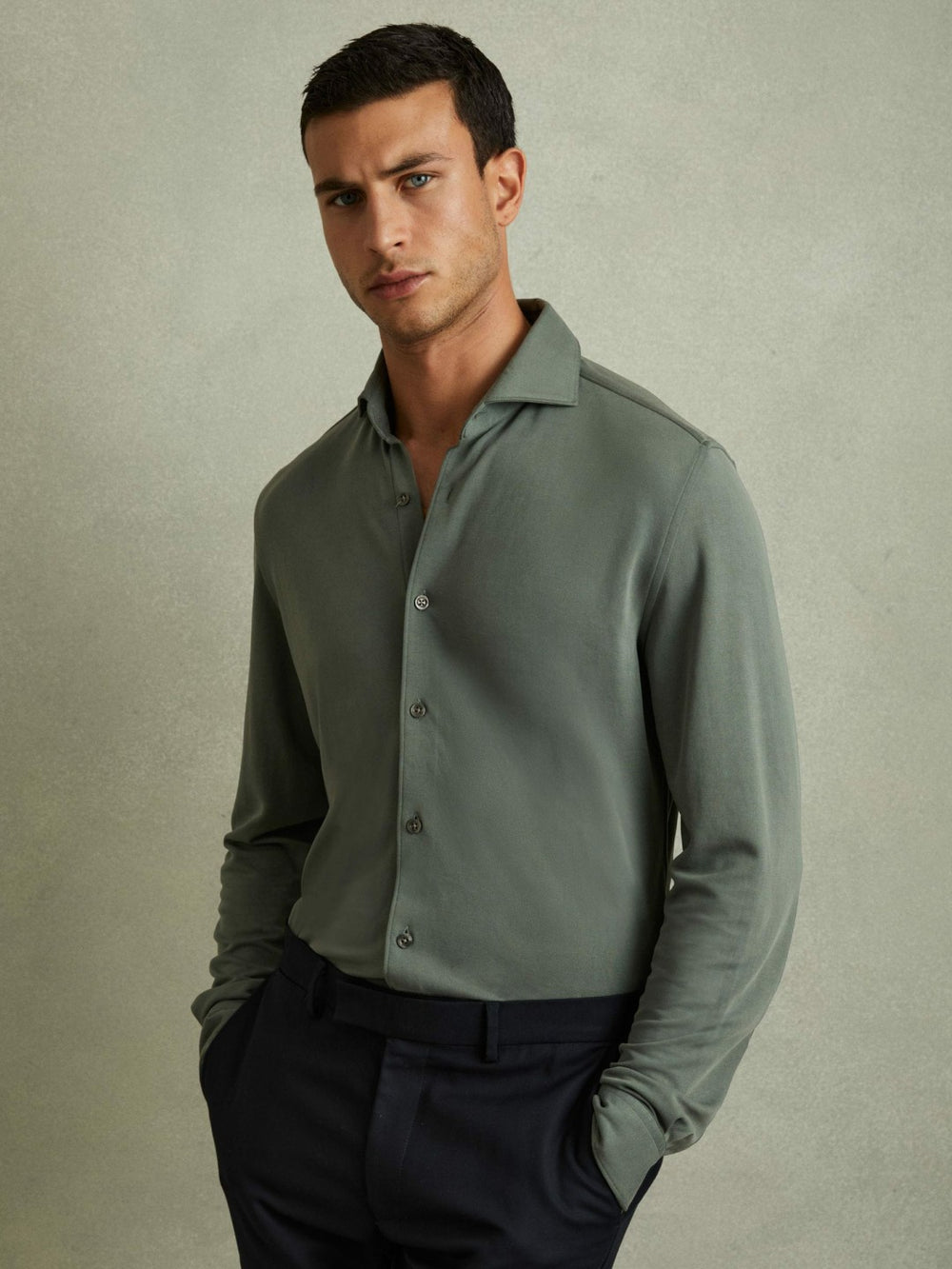 Reiss | Modal Blend Cutaway Collar Shirt in Green Smoke