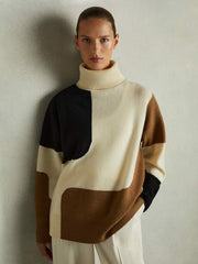 Reiss | Wool-Cashmere Colourblock-Intarsia Jumper in Cream/Brown