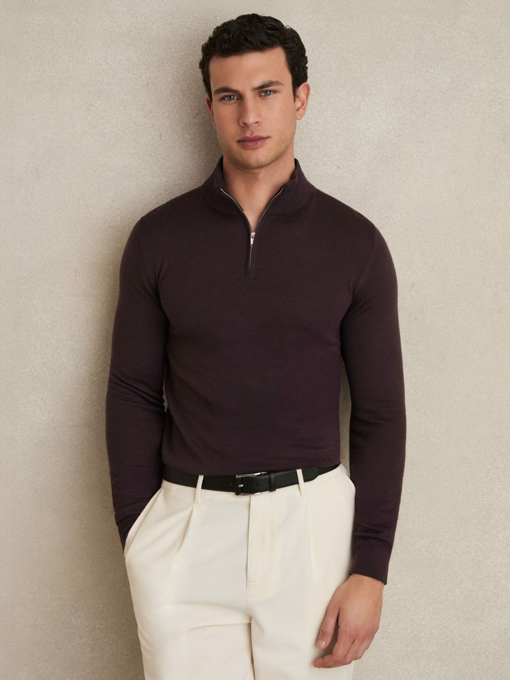 Reiss | Merino Wool Half-Zip Jumper in Dark Bordeaux