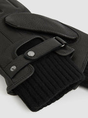 Reiss | Leather Ribbed-Cuff Gloves in Black