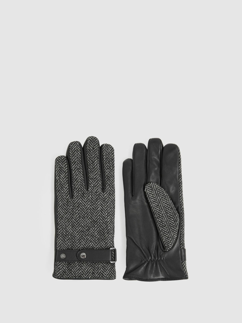 Reiss | Leather And Wool-Blend Herringbone Gloves in Black