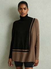 Reiss | Colourblock Roll Neck Split Hem Jumper in Black/Mink