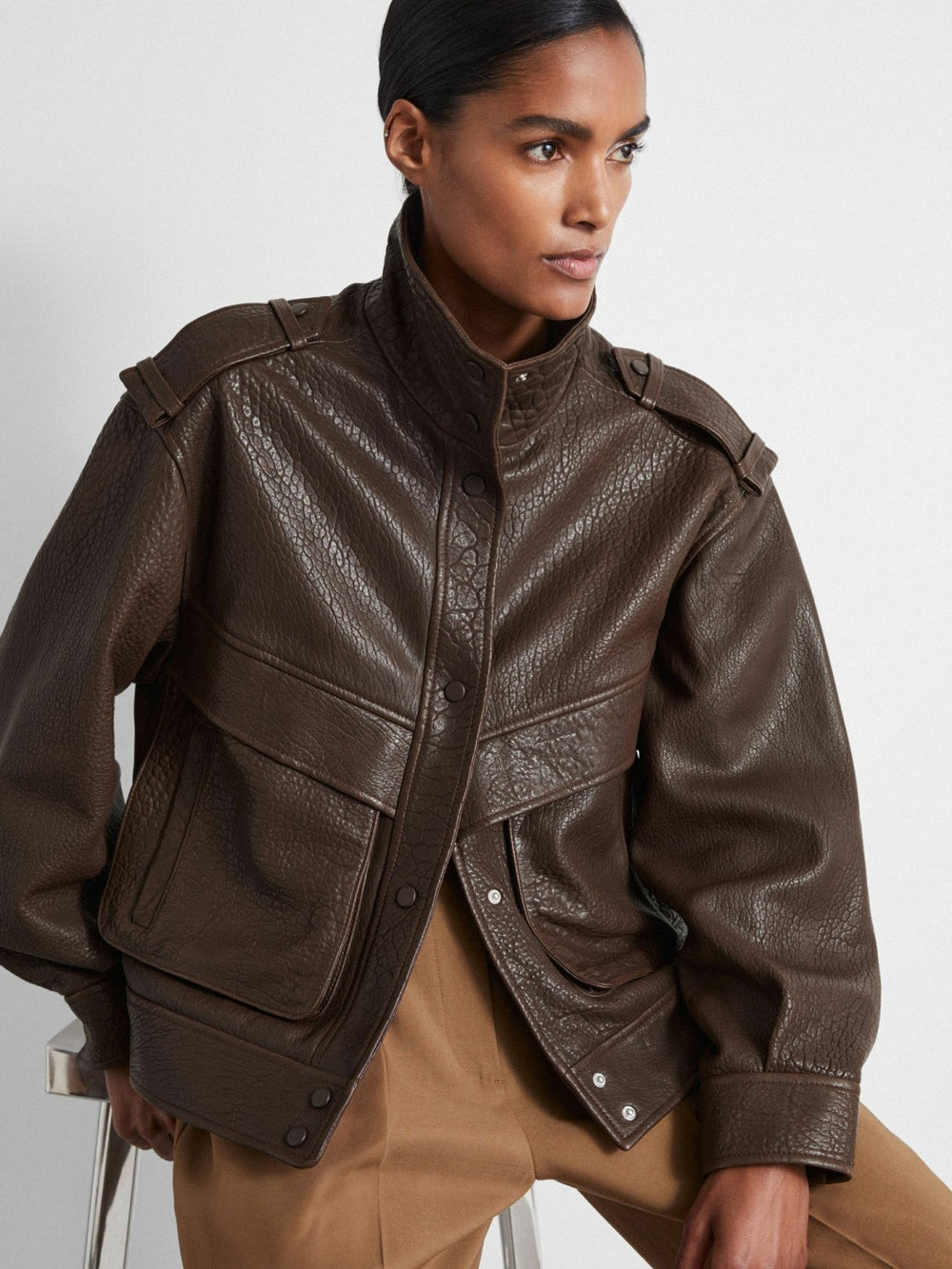 Reiss | Atelier Grained Leather Jacket in Chocolate