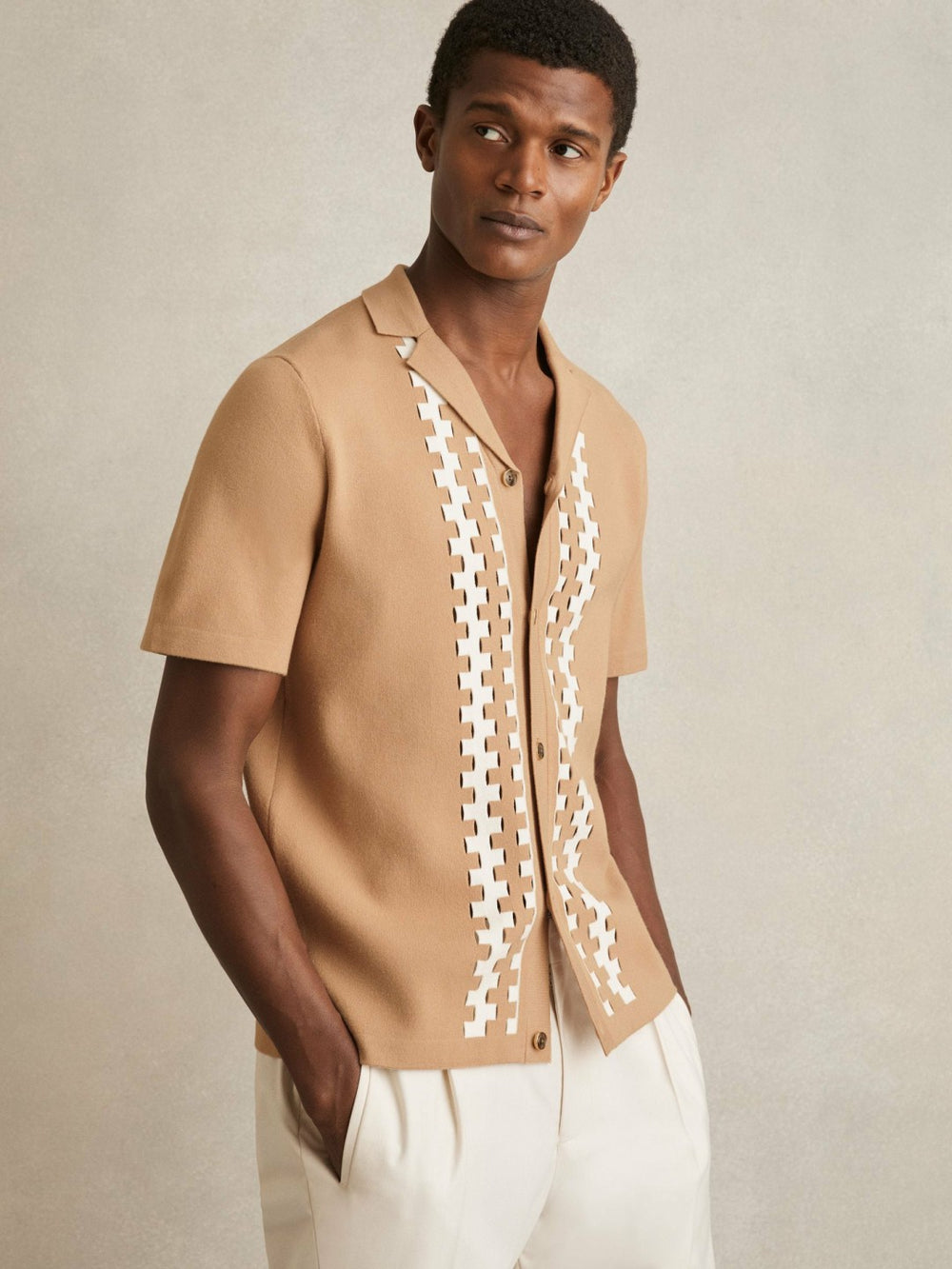 Reiss | Geometric Cuban-Collar Knit Shirt in Camel/Off White