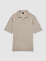 Reiss | Merino Wool Open Collar Polo Shirt in Wheat Melange