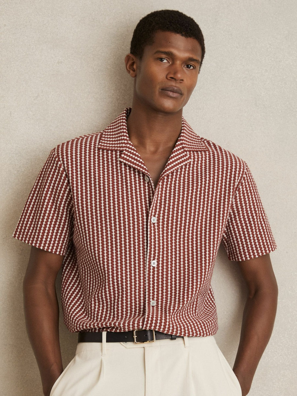 Reiss | Textured-Stripe Cuban-Collar Shirt in Rust Red/White