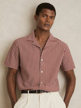 Reiss | Textured-Stripe Cuban-Collar Shirt in Rust Red/White
