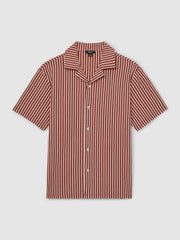 Reiss | Textured-Stripe Cuban-Collar Shirt in Rust Red/White