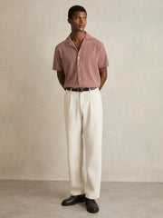 Reiss | Textured-Stripe Cuban-Collar Shirt in Rust Red/White