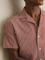 Reiss | Textured-Stripe Cuban-Collar Shirt in Rust Red/White