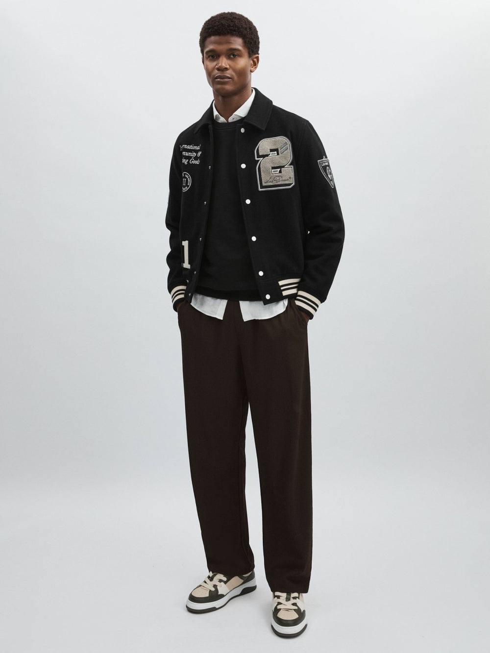 Reiss | Les Deux Wool-Blend Varsity Jacket in Black