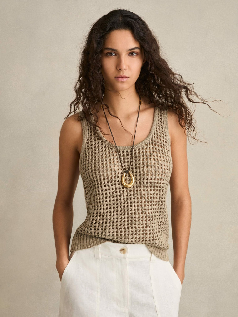 Reiss | Linen Open Knit Vest in Stone