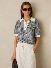 Reiss | Zig-Zag Knit Polo Shirt in Blue/Ivory